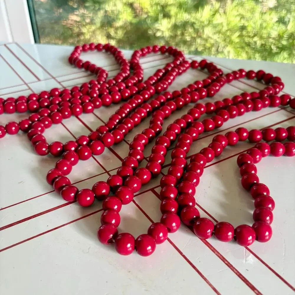 Vintage Bright Red Wooden Bead Garland 12 Ft Rustic Farmhouse Decor